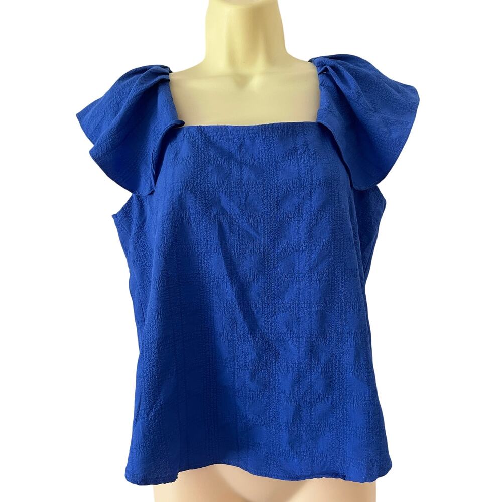 Cupio Blue Summer Blouse Woman Size Small Flutter Cap Sleeve Smocked Back